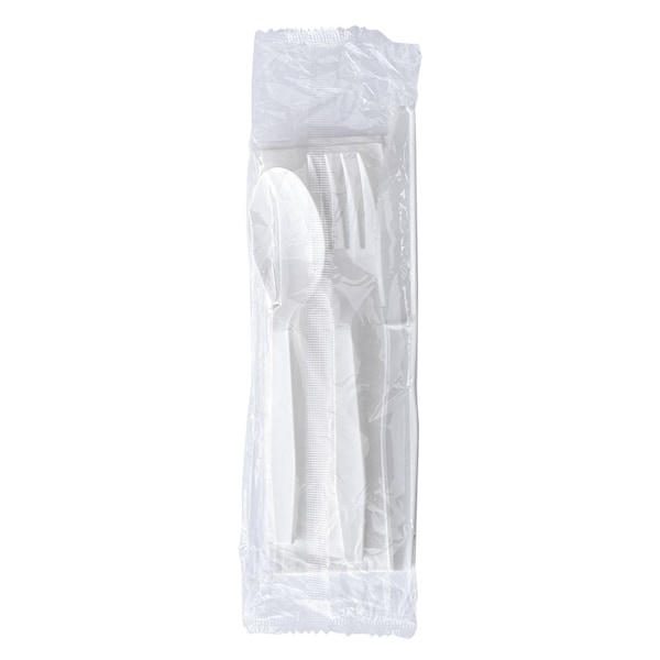 Four-Piece Cutlery Kit, Fork/Knife/Napkin/Teaspoon, Mediumweight, Polystyrene, White, 250PK